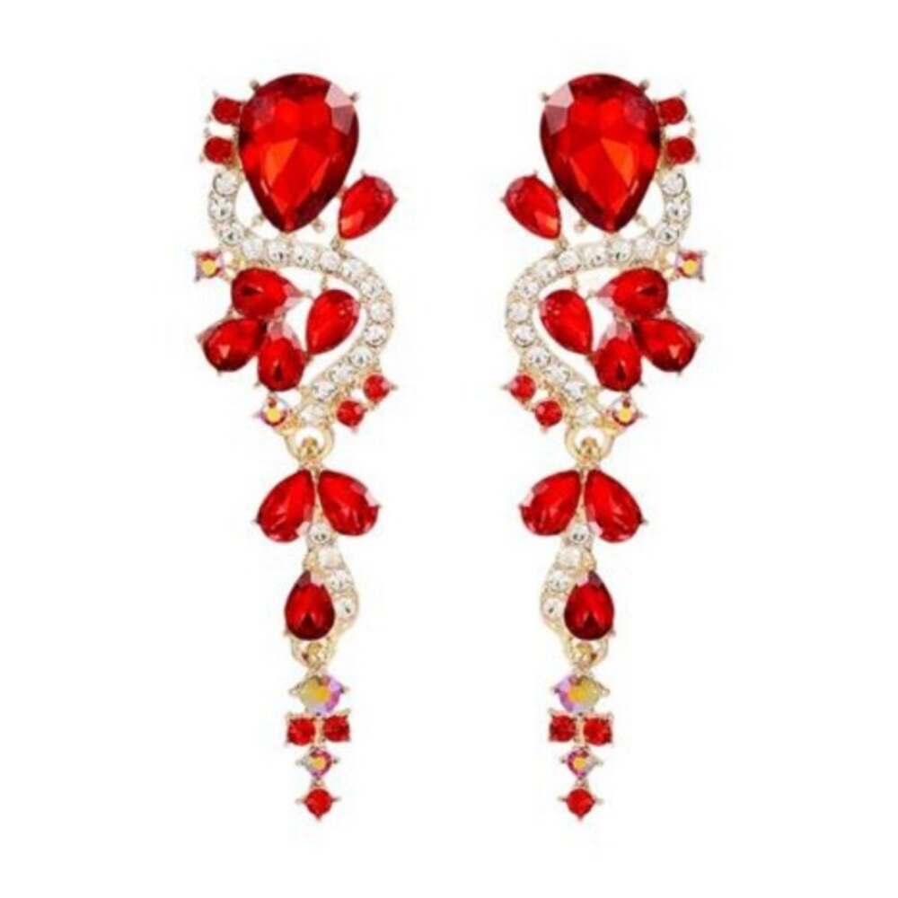 Red Earrings Dangle Rhinestone Earrings Holiday Christmas Bridal Prom Jewelry